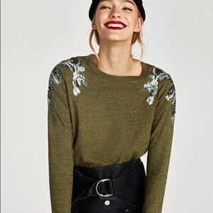 Zara | Embellished Beaded Top Green Silver Small